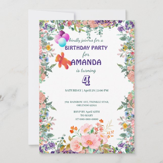 Bärenschwimmer Balloon Gefälle Blumenkohl Geburtst Einladung (Vorderseite)