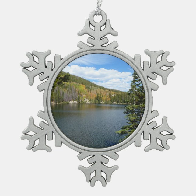 Bärensee im Rocky Mountain Nationalpark Schneeflocken Zinn-Ornament (Vorderseite)