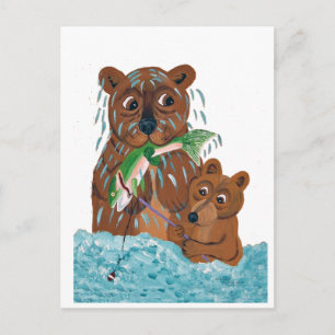 Bärenvater versucht, seinem Jungen das Fischen bei Postkarte