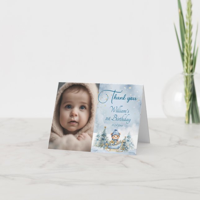 Bärenweihnachtsfest zum ersten Geburtstag Winter Dankeskarte (Vorderseite)