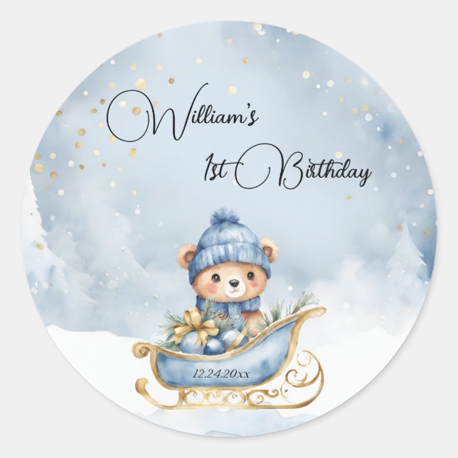 Bärenweihnachtsfest zum ersten Geburtstag Winter Runder Aufkleber (Vorderseite)