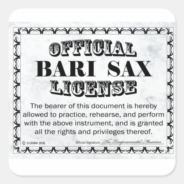 Bari Sax License Square Aufkleber (Vorderseite)