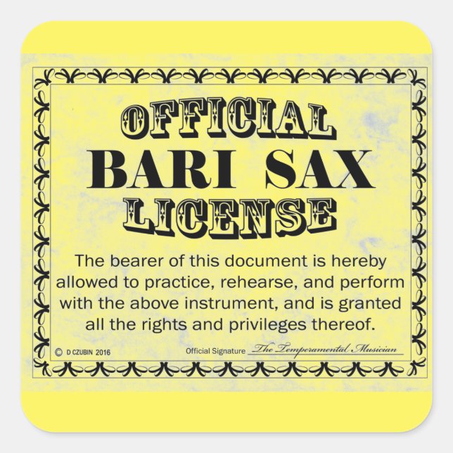 Bari Sax License Square Aufkleber (Vorderseite)