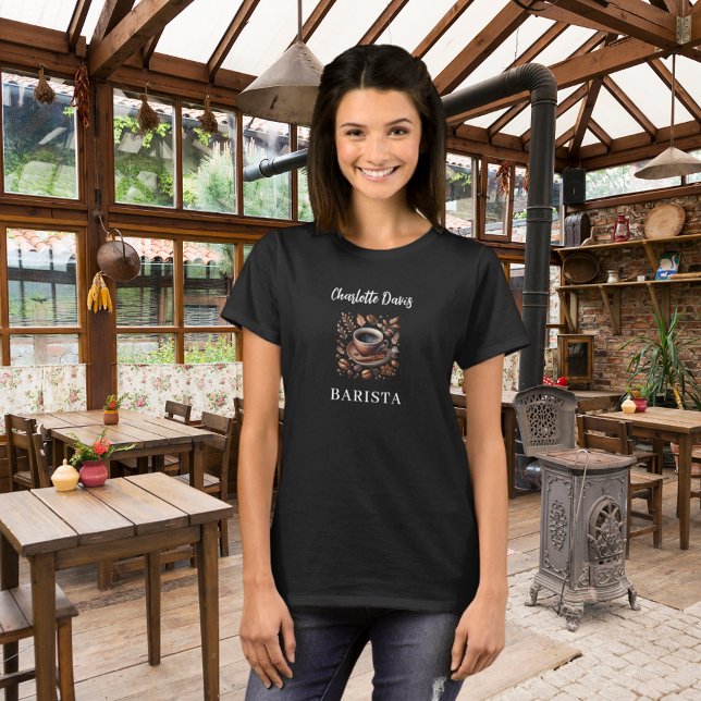 Barista Black Brown Kaffeebohnen Namensskript T-Shirt (Von Creator hochgeladen)