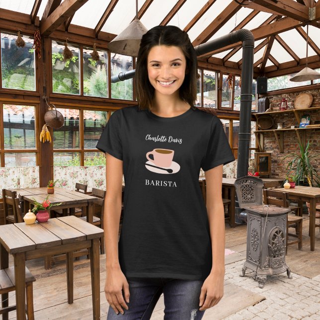 Barista Schwarz-weißer Kaffeebecher-Name-Skript T-Shirt (Von Creator hochgeladen)