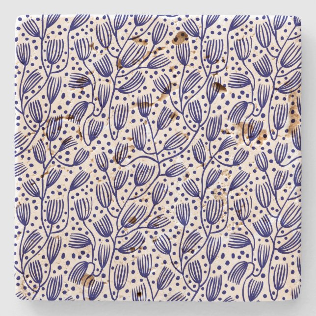Barkcloth Style Pattern - Dunkelblau auf Weiß Steinuntersetzer (Vorderseite)