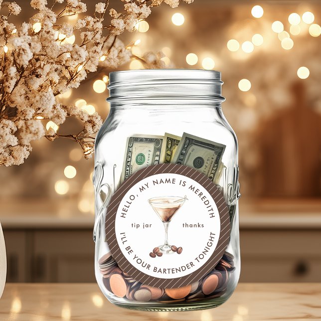 Barkeeper Espresso Martini Tip Jar Runder Aufkleber (Bartender Espresso Martini Cocktail Theme Elegant Stripes Personalized Tip Jar)