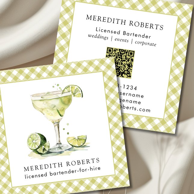 Barkeeper für Vermietung Margarita Cocktail Quadratische Visitenkarte (Bartender Margarita Cocktail Theme Spring Green Buffalo Plaid Square Business Cards)