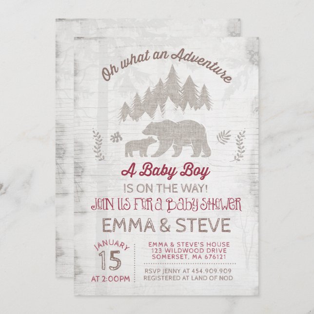 Bärn-Babyparty-Einladungs-Jungen-Abenteuer-Dusche Einladung (Vorne/Hinten)