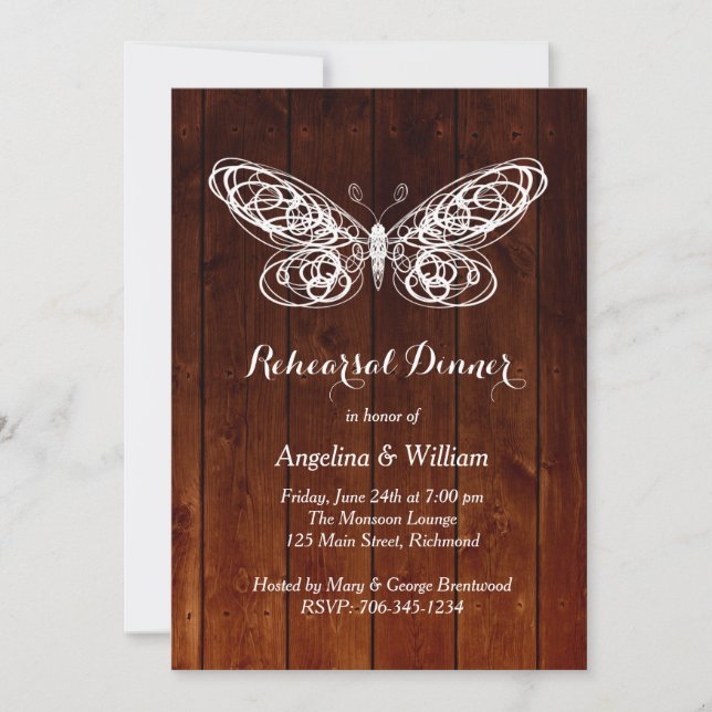 Barn Board Butterfly Rehearsal Dinner Invitation Einladung (Vorderseite)