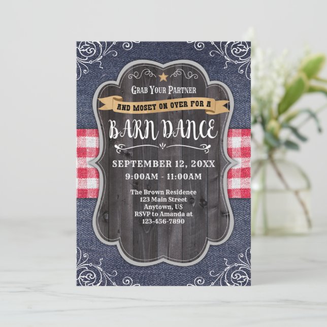 Barn Dance Denim Wood Rustikale Einladung (Stehend Vorderseite)