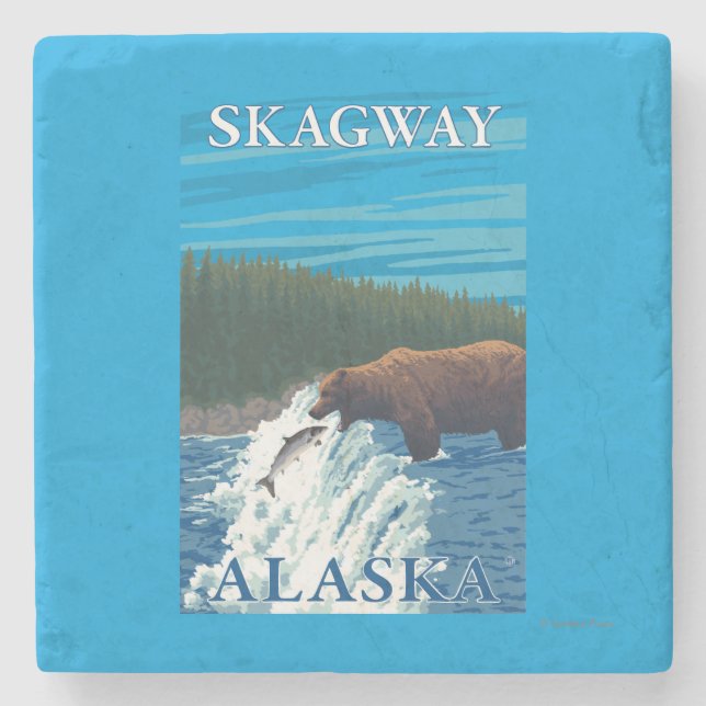 Bärn-Fischen im Fluss- Skagway, Alaska Steinuntersetzer (Vorderseite)