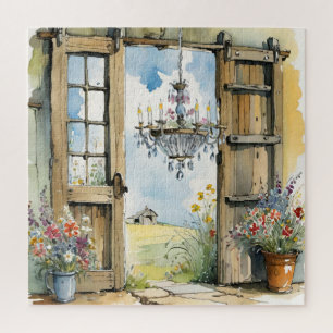 Barn-Kronleuchter und Blumenaquarell mit Blick auf Puzzle