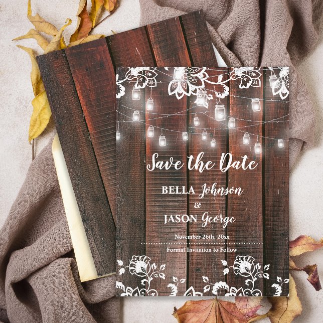 Barn Lace Rustic Wood String Lights Wedding Ankündigungspostkarte (Rustic Wood String Lights Wedding Announcement Postcard | Barn Lace Wood Marriage Announcement)