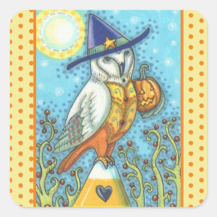 BARN OWL FOLART, HALLOWEEN BIRD STICKERS Square
