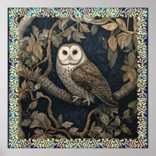 Barn Owl in einem Nachtwald William Morris Style Poster