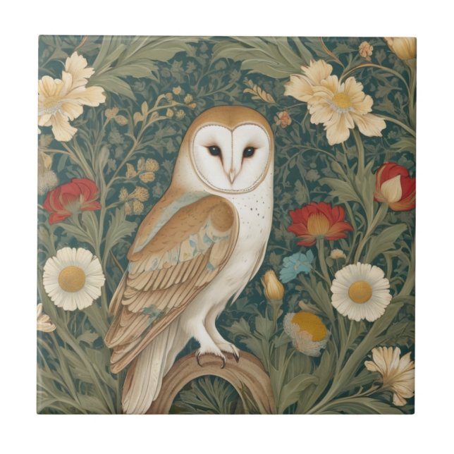 Barn Owl William Morris Stil Direkt gegenüber Blum Fliese (Vorderseite)