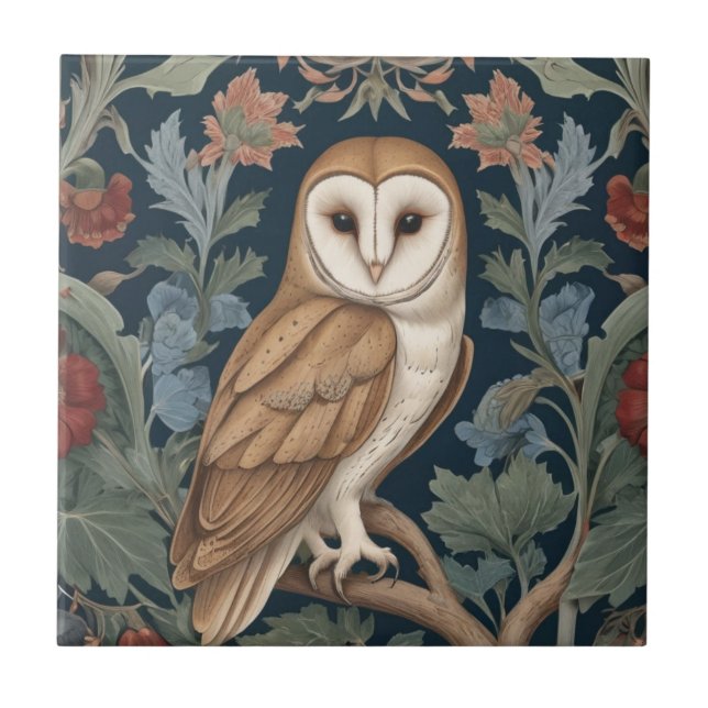 Barn Owl William Morris Stil Direkt gegenüber Flor Fliese (Vorderseite)