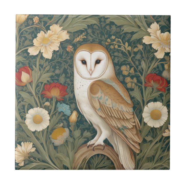 Barn Owl William Morris Stil Links gegenüber Blume Fliese (Vorderseite)