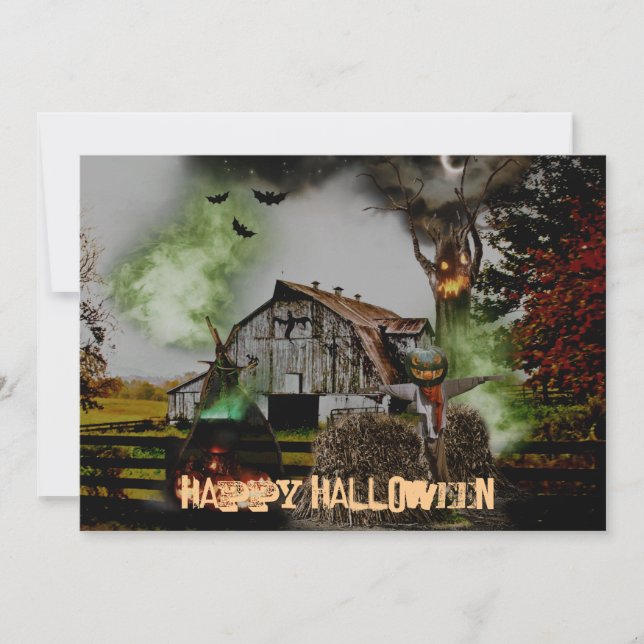 *~* Barn Pumpkins Spooky Ghost HALLOWEEN CARD (Vorderseite)