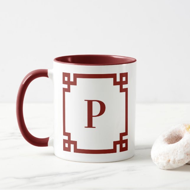 Barn Rot griechische Schlüsselgrenzenmonogramm Tasse (Mit Donut)