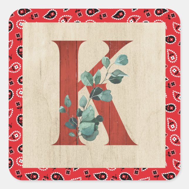 Barn Wood & Bandana Letter K Quadratischer Aufkleber (Vorderseite)