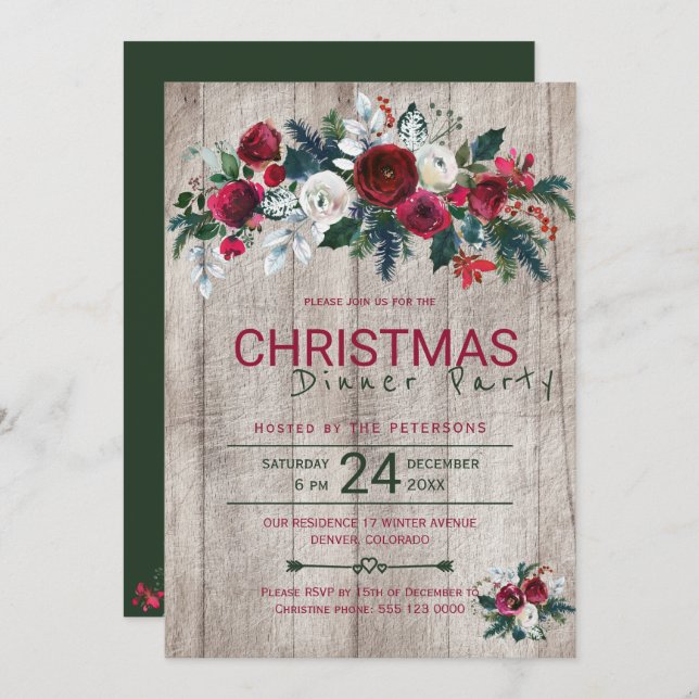 Barn Wood Burgundy Green Christmas Dinner Party Einladung (Vorne/Hinten)