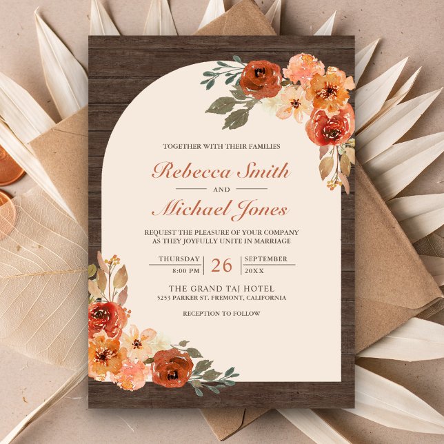 Barn Wood Earthy Burnt Orange Arch Wedding Einladung (Von Creator hochgeladen)