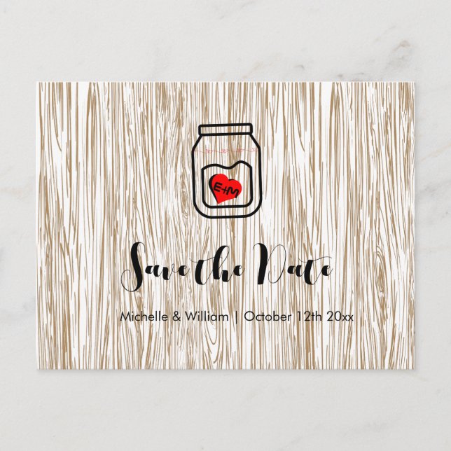 Barn wood grain mason jar save the date cards ankündigungspostkarte (Vorderseite)