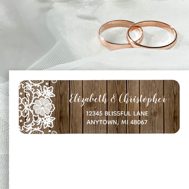 Barn Wood Lace Calligraphy Wedding Rücksendeadress (Von Creator hochgeladen)