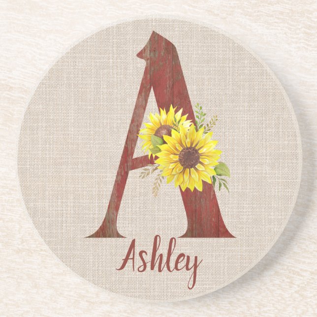 Barn Wood Letter A & Sunflores Personalisiert Getränkeuntersetzer (Vorne)