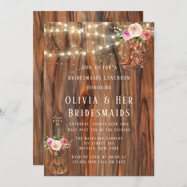 Barn Wood Lights Boots Bridesmaids Luncheon Einladung (Vorne/Hinten)