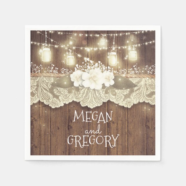 Barn Wood Lights Mason Jar Rustikale Hochzeit Serviette (Vorderseite)