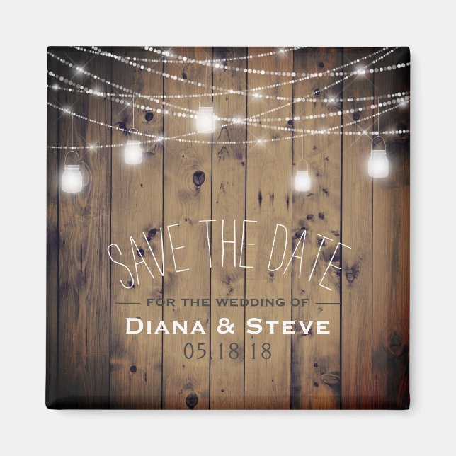 Barn Wood Lights Mason Jar Wedding Save the Date Magnet (Vorne)