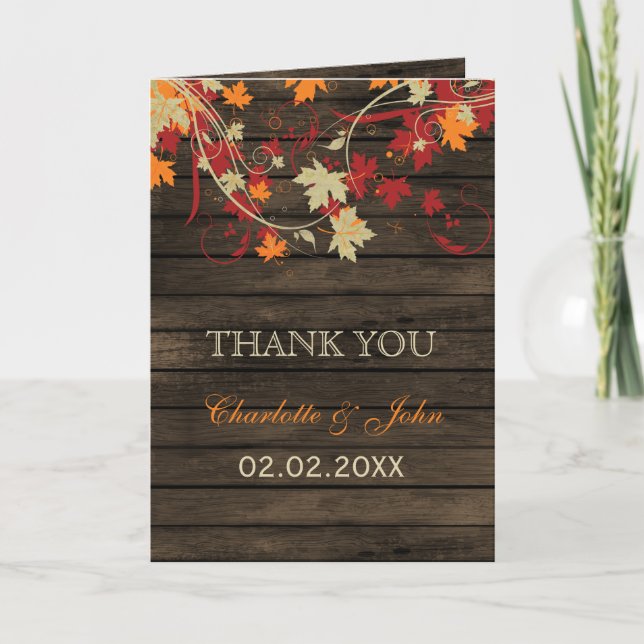 Barn Wood Rustic Herbstlaubs Hochzeit Vielen Dank Dankeskarte (Vorderseite)