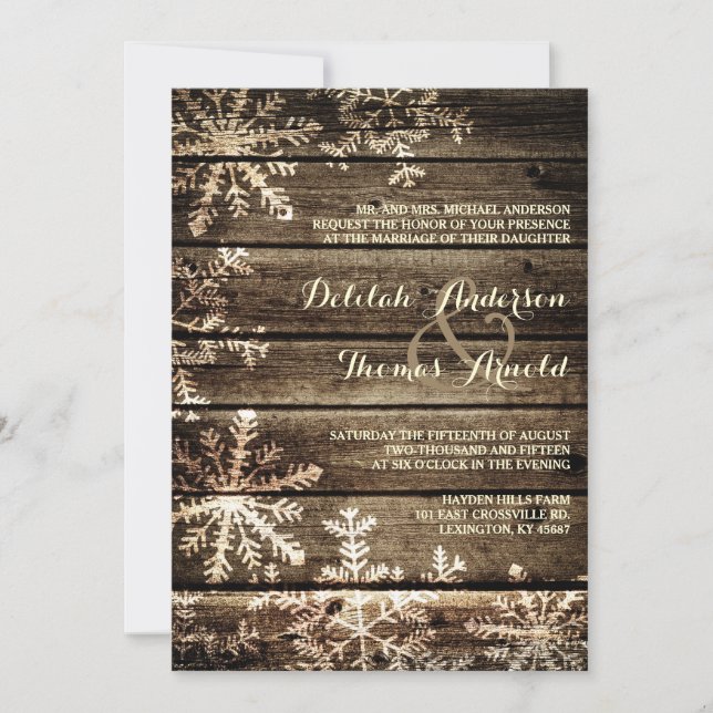 Barn Wood Snowflakes Rustikale Winterhochzeit Einladung (Vorderseite)