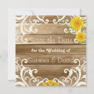 Barn Wood Sonnenblumen und Antike Spitze - Termin Save The Date