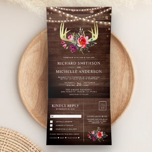 Barn Wood String Lights Floral Gold Antler Wedding Dreifach Gefaltete Einladung