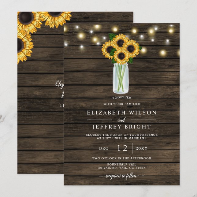 Barn Wood String Lights Sonnenblumen Hochzeit Einladung (Vorne/Hinten)