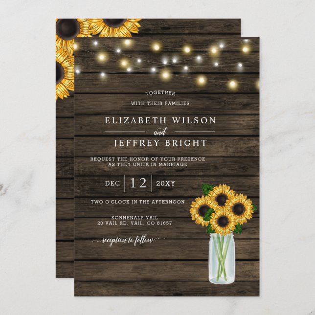Barn Wood String Lights Sonnenblumen Hochzeit Einladung (Vorne/Hinten)