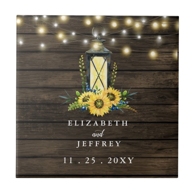 Barn Wood String Lights Sonnenblumen Hochzeit Fliese (Vorderseite)