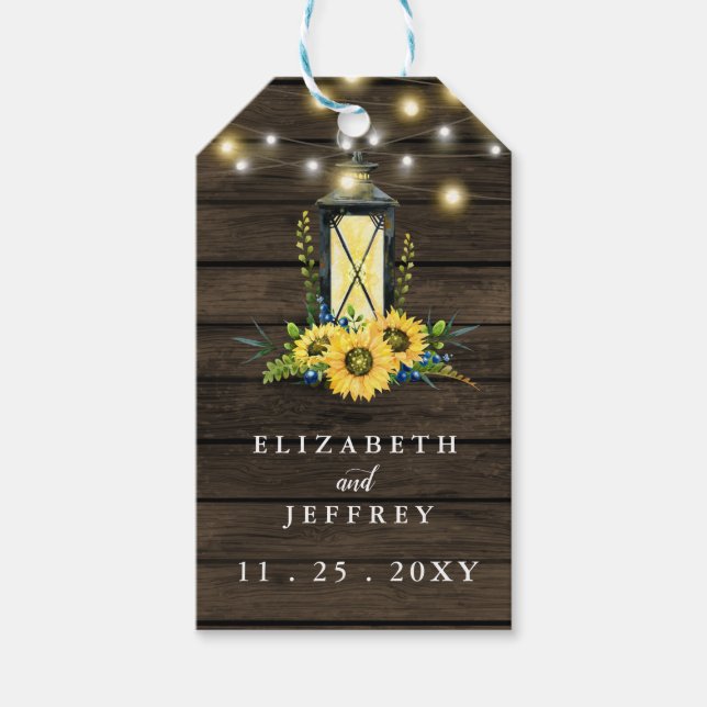 Barn Wood String Lights Sonnenblumen Hochzeit Geschenkanhänger (Vorderseite)