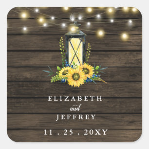 Barn Wood String Lights Sonnenblumen Hochzeit Quadratischer Aufkleber