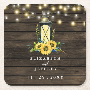 Barn Wood String Lights Sonnenblumen Hochzeit Rechteckiger Pappuntersetzer