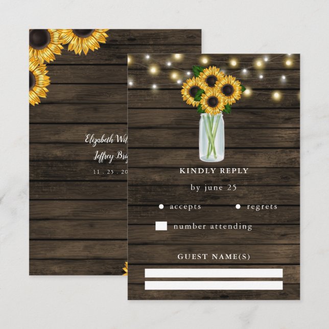 Barn Wood String Lights Sonnenblumen Hochzeit RSVP Karte (Vorne/Hinten)