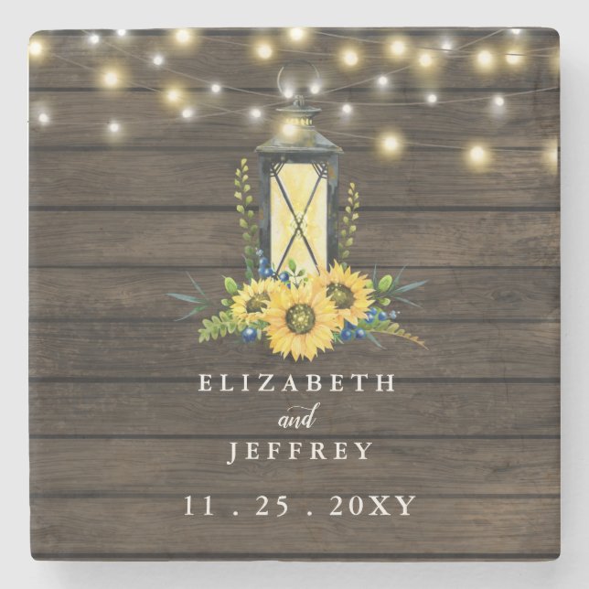 Barn Wood String Lights Sonnenblumen Hochzeitsplat Steinuntersetzer (Vorderseite)