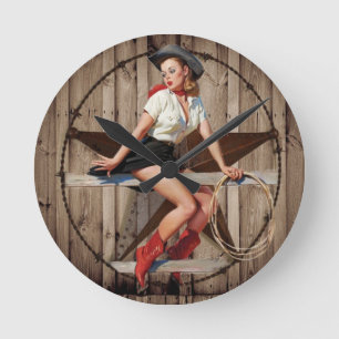 Barn Wood Texas Star Western Country Cowgirl Runde Wanduhr
