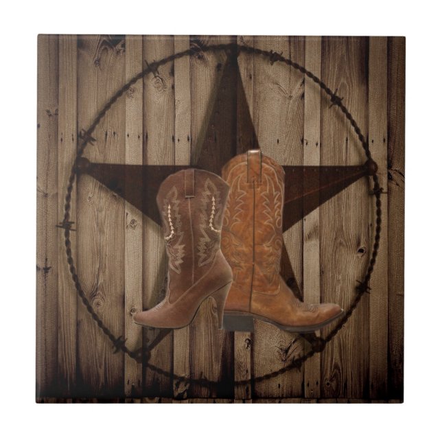 Barn Wood Texas Star Western Cowboy Stiefel Fliese (Vorderseite)