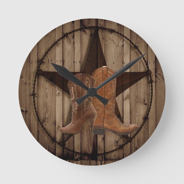 Barn Wood Texas Star Western Cowboy Stiefel Runde Wanduhr (Vorderseite)