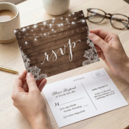 Barn Wood Twinkle Lights Lace Rustic Wedding RSVP Einladungspostkarte